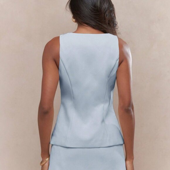 Baby Blue Elegant Women's Square Neck Sleeveless Vest And Mini Skirt Set - Picture 2 of 6